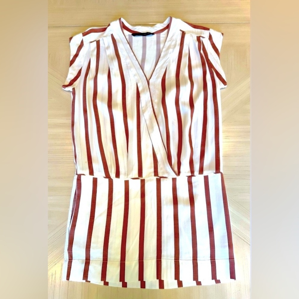 Zara Basics Drop Waist V-Neck Cream/Brown Striped Dress - Size Small - Picture 10 of 16